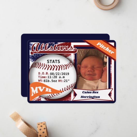 Baseball-Geburtsankündigung Mitteilungskarte (Vorderseite/Rückseite Beispiel)