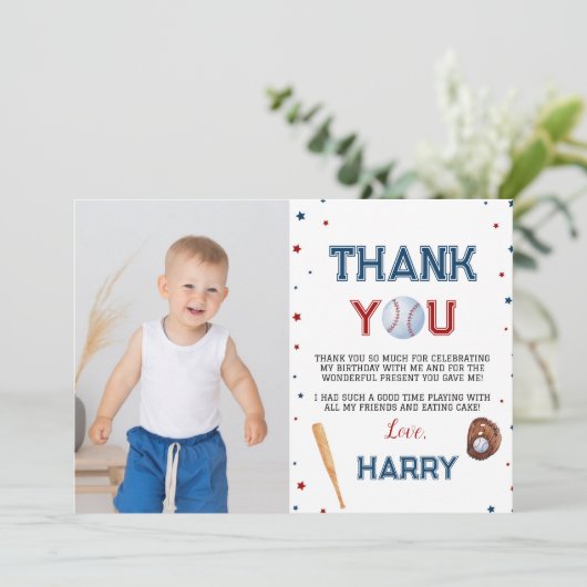 Baseball Geburtstag Foto Danke, dass ihr Kartensta Dankeskarte (Stehend Vorderseite)