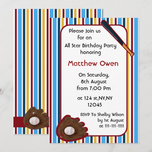 Baseball Geburtstagsparty Einladung (Vorne/Hinten)