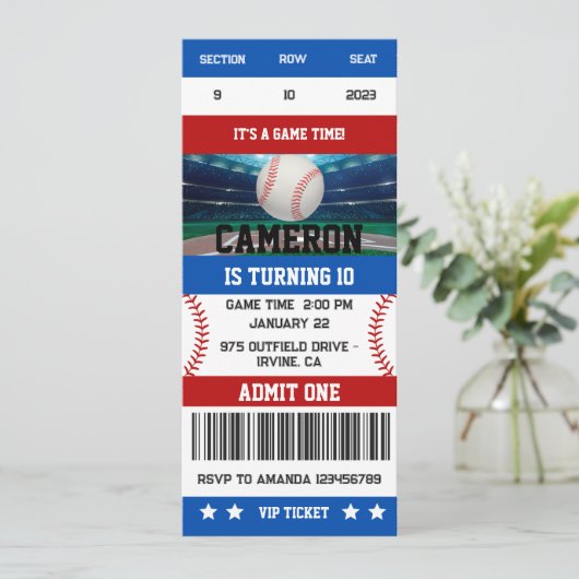 Baseball-GeburtstagsTicket Einladung (Stehend Vorderseite)