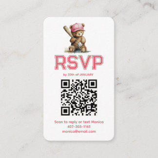 Baseball Girl Teddy Bear Baby Shower QR RSVP  Begleitkarte