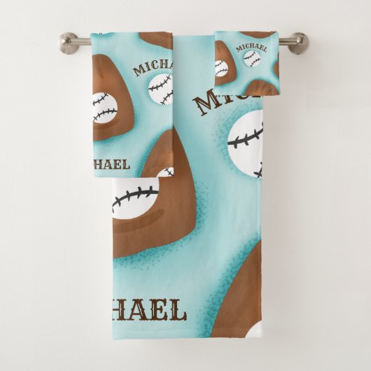 Baseball Glove Ball & Boy Name Muster Sport Thema Badhandtuch Set (Insitu)