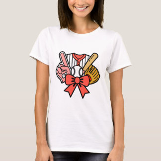 Baseball Glove Ball Red Bow Sportfan Cartoon T-Shirt