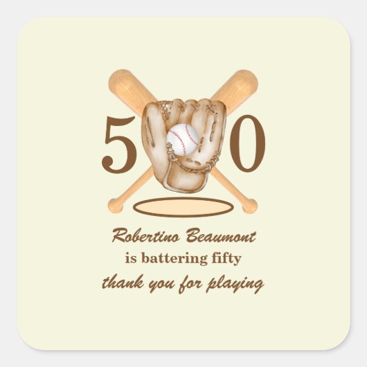 Baseball Glove Bats Themed Men's 50th Birthday Quadratischer Aufkleber (Vorderseite)