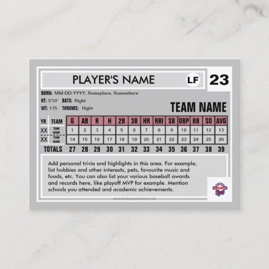 Baseball-Handelskarte graue Rückseite - Benutzerde Telefonnummerkarte (Rückseite)