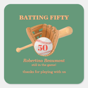Baseball-Handschuh Batting Fifty Männer 50. Geburt Quadratischer Aufkleber