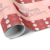 Baseball Happy Birthday auf rosa und roter Hinterg Geschenkpapier (Rolleneckpunkt)