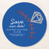 Baseball Homerun Diamond Gem Save the Date blau Runder Pappuntersetzer (Vorderseite)