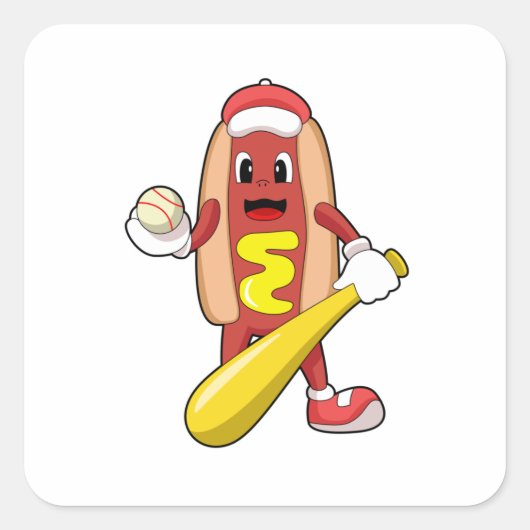 Baseball-Hotdog mit Baseball-Fledermaus Quadratischer Aufkleber (Vorderseite)
