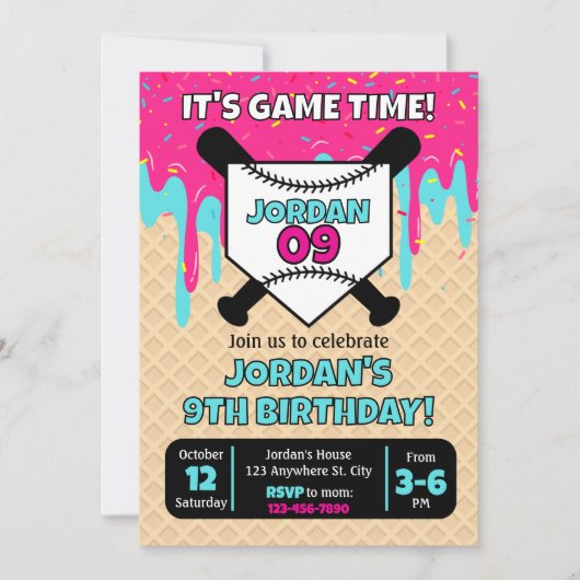 Baseball Ice Cream Drip Birthday Invitation Karte (Vorderseite)