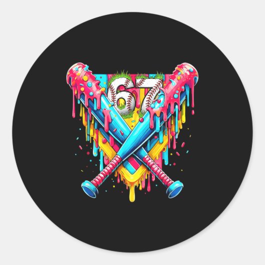 Baseball Ice Cream Drip Number 67 Player 67th Birt Runder Aufkleber (Vorderseite)