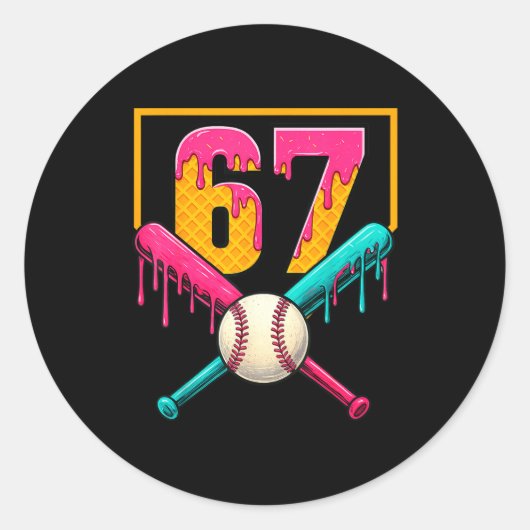 Baseball Ice Cream Drip Number 67 Player 67th Birt Runder Aufkleber (Vorderseite)