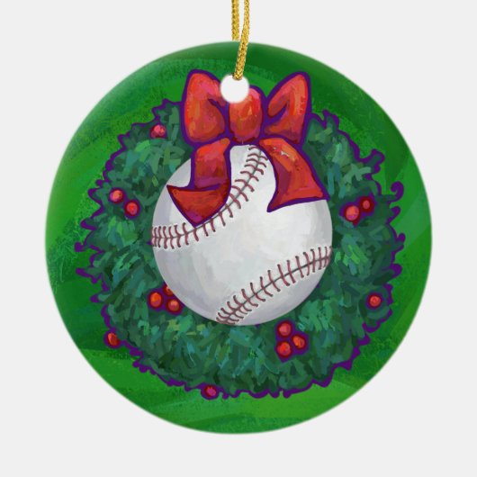 Baseball im Weihnachtskranz Keramikornament (Vorne)