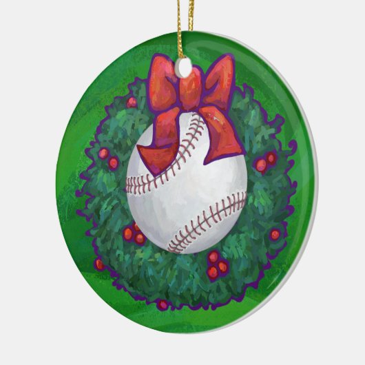 Baseball im Weihnachtskranz Keramikornament (Links)