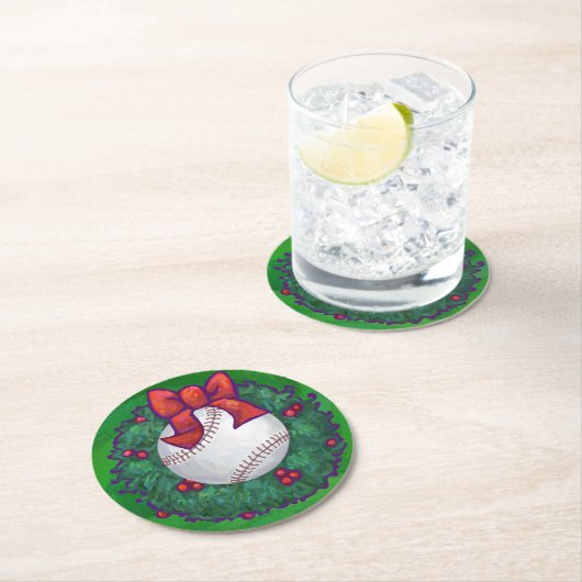 Baseball im Weihnachtskranz Runder Pappuntersetzer (Vor Ort)