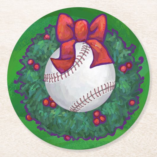 Baseball im Weihnachtskranz Runder Pappuntersetzer (Vorderseite)