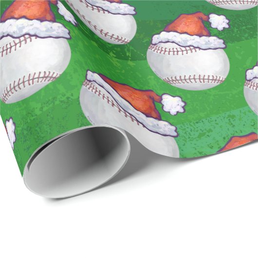 Baseball in Weihnachtsmannmütze Pattern auf Grün Geschenkpapier (Rolleneckpunkt)