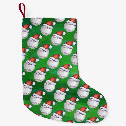 Baseball in Weihnachtsmannmütze Pattern auf Grün Kleiner Weihnachtsstrumpf (Vorderseite)