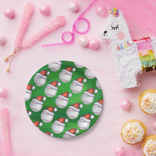 Baseball in Weihnachtsmannmütze Pattern auf Grün Pappteller (Party)