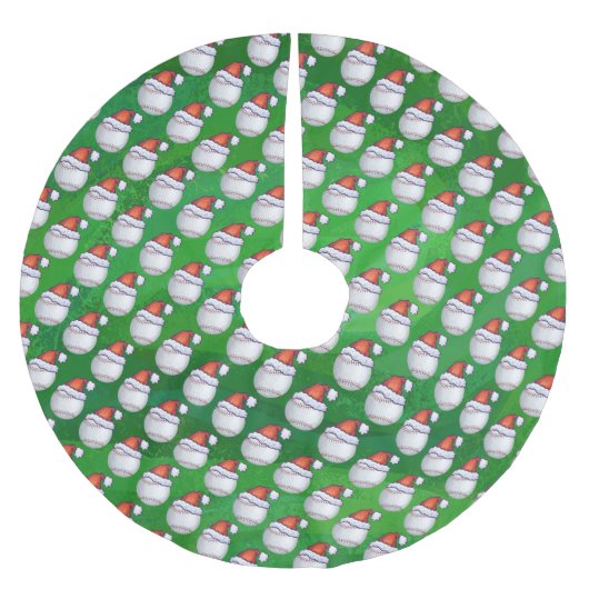 Baseball in Weihnachtsmannmütze Pattern auf Grün Polyester Weihnachtsbaumdecke (Vorderseite)