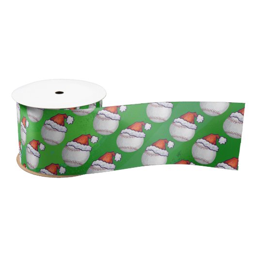 Baseball in Weihnachtsmannmütze Pattern auf Grün Satinband (Spule)