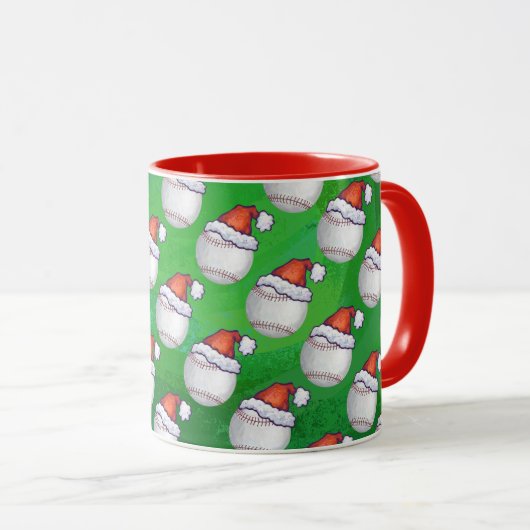 Baseball in Weihnachtsmannmütze Pattern auf Grün Tasse (VorderseiteRechts)