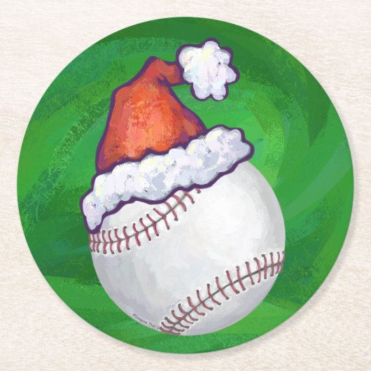 Baseball in Weihnachtsmannmütze über Grün Runder Pappuntersetzer (Vorderseite)