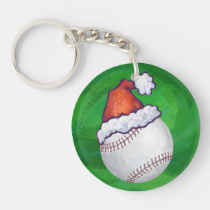 Baseball in Weihnachtsmannmütze über Grün Schlüsselanhänger