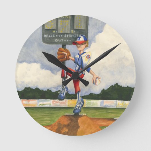 Baseball-Krug auf Hügel durch Jay Throckmorton Runde Wanduhr (Vorderseite)