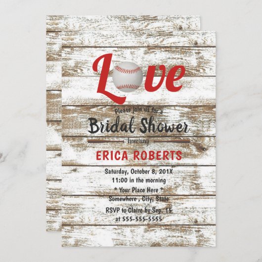 Baseball Liebe Rustikales Hochzeitsfest Brautparty Einladung (Vorne/Hinten)
