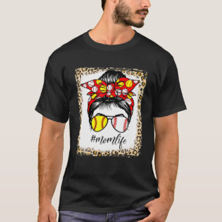 Baseball Mama Life Messy Bun Hair Leopard gebleich T-Shirt