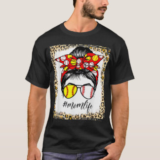 Baseball Mama Life Messy Bun Hair Leopard gebleich T-Shirt