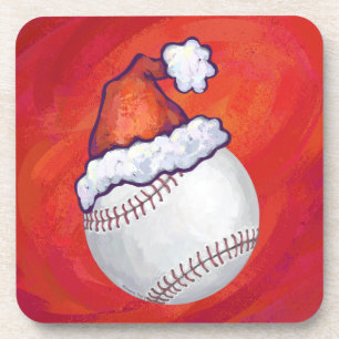 Baseball mit Weihnachtsmannmütze auf Rot Getränkeuntersetzer