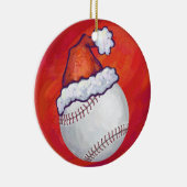 Baseball mit Weihnachtsmannmütze auf Rot Keramikornament (Rechts)