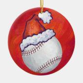 Baseball mit Weihnachtsmannmütze auf Rot Keramikornament (Vorne)