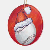 Baseball mit Weihnachtsmannmütze auf Rot Keramikornament (Links)
