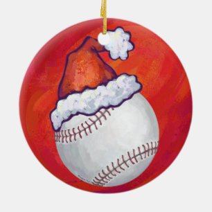 Baseball mit Weihnachtsmannmütze auf Rot Keramikornament