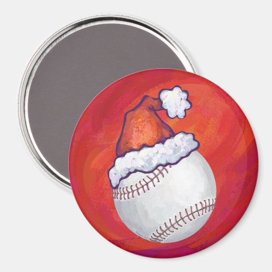 Baseball mit Weihnachtsmannmütze auf Rot Magnet (Vorderseite/Rückseite)