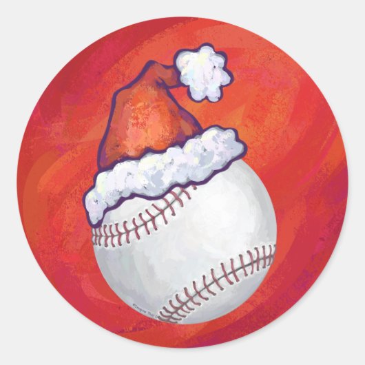 Baseball mit Weihnachtsmannmütze auf Rot Runder Aufkleber (Vorderseite)