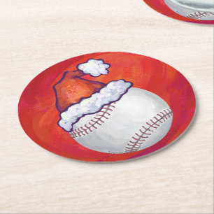 Baseball mit Weihnachtsmannmütze auf Rot Runder Pappuntersetzer