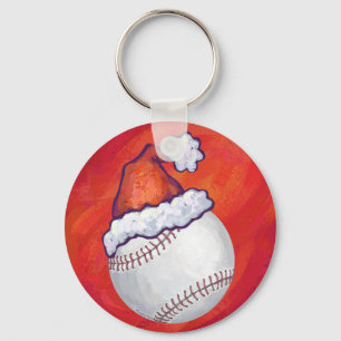 Baseball mit Weihnachtsmannmütze auf Rot Schlüsselanhänger
