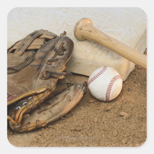 Baseball, Mitt und Bat auf Basis Quadratischer Aufkleber (Vorderseite)