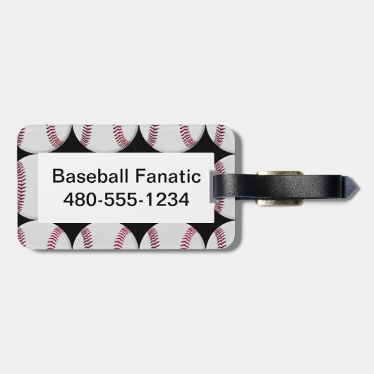 Baseball-Muster auf schwarzem Gepäckanhänger (Rückseite horizontal)