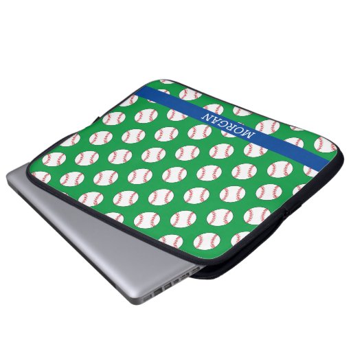 Baseball-Muster, Name, Blau und Grün Laptopschutzhülle (Vorne Knopf)
