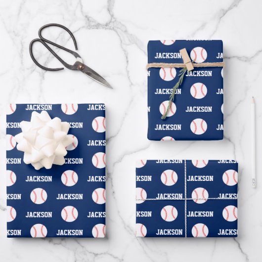 Baseball Name Pattern Navy Blue Geschenkpapier Set (Vorderseite)
