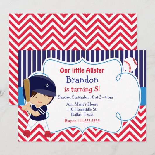 Baseball Niedliche Brünette Geburtstagsparty Einladung (Vorne/Hinten)