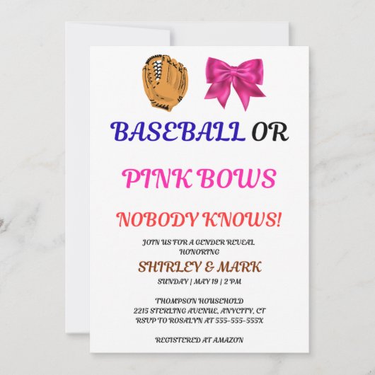 Baseball oder rosa Schleifen - Geschlechtsenthüllu Einladung (Vorderseite)