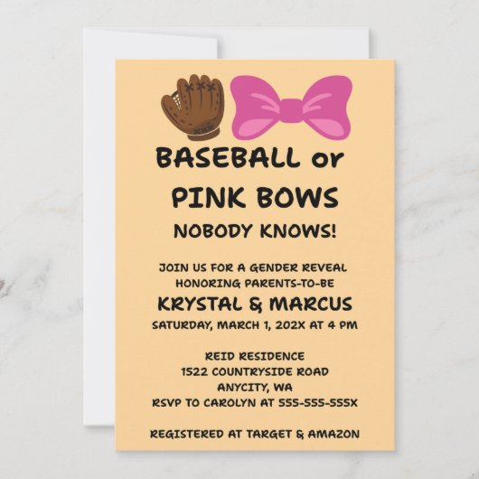 Baseball oder rosa Schleifen - Geschlechtsenthüllu Einladung (Vorderseite)