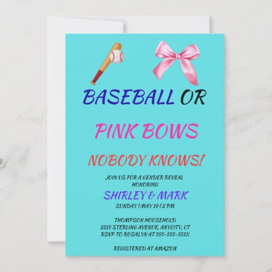 Baseball oder rosa Schleifen - Geschlechtsenthüllu Einladung (Vorderseite)