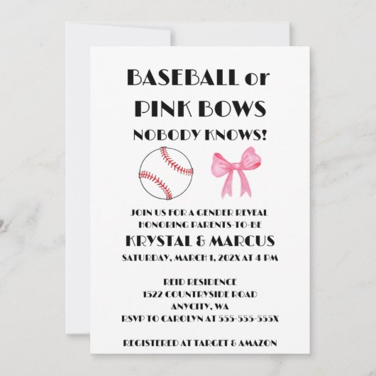 Baseball oder rosa Schleifen - Geschlechtsenthüllu Einladung (Vorderseite)